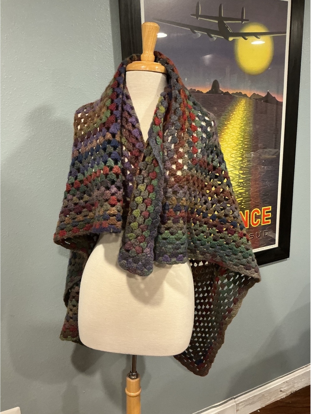Handmade Crochet Granny Stitch Shawl Wrap Jewel Tone Multicolor Boho Wrap